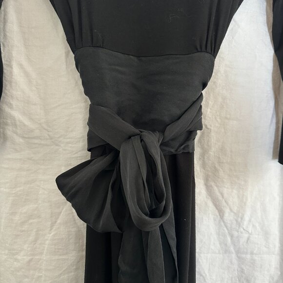 Three Dots Black 3/4 Long Sleeve Dress with Satin Bow Sash Medium VGUC - Picture 3 of 8